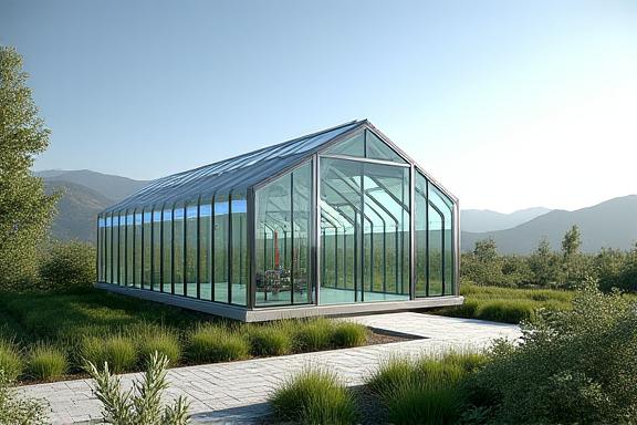Modern exterior of a geothermal greenhouse structure.