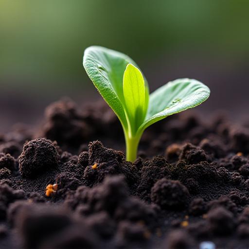 Close-up of dark, rich volcanic soil with a plant sprout.